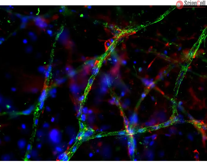 Day 9 post-embedding: Endothelial cells stained with VWF (green) and pericytes stained with NG2 (red), 200x
