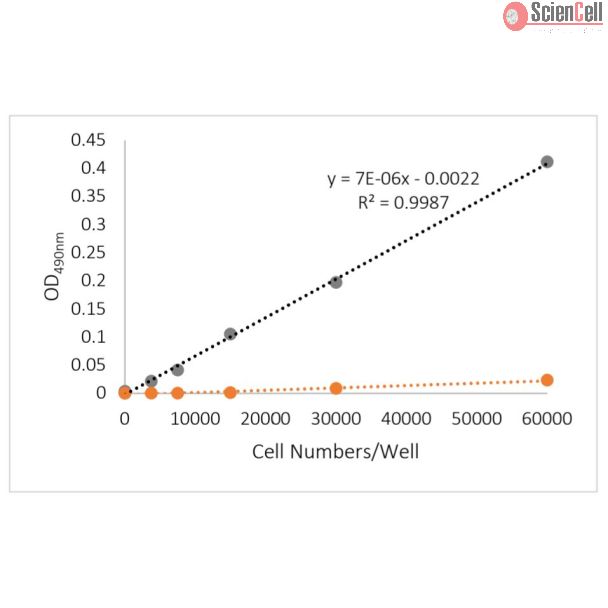 Figure 1. LDH assay is applied to Primary cells cultured at different densities and treated with (gray line) and without Triton X-100 (orange line)